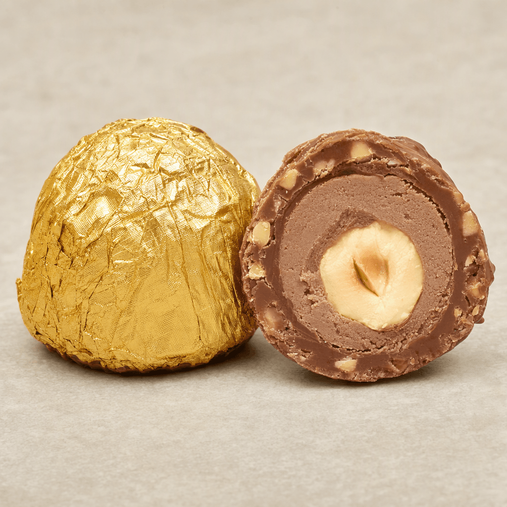 A round, gold-foil-wrapped chocolate ball with a crinkled surface, shown beside a cut-open piece revealing a thin chocolate-coated wafer shell, creamy filling, and a whole hazelnut at the center.