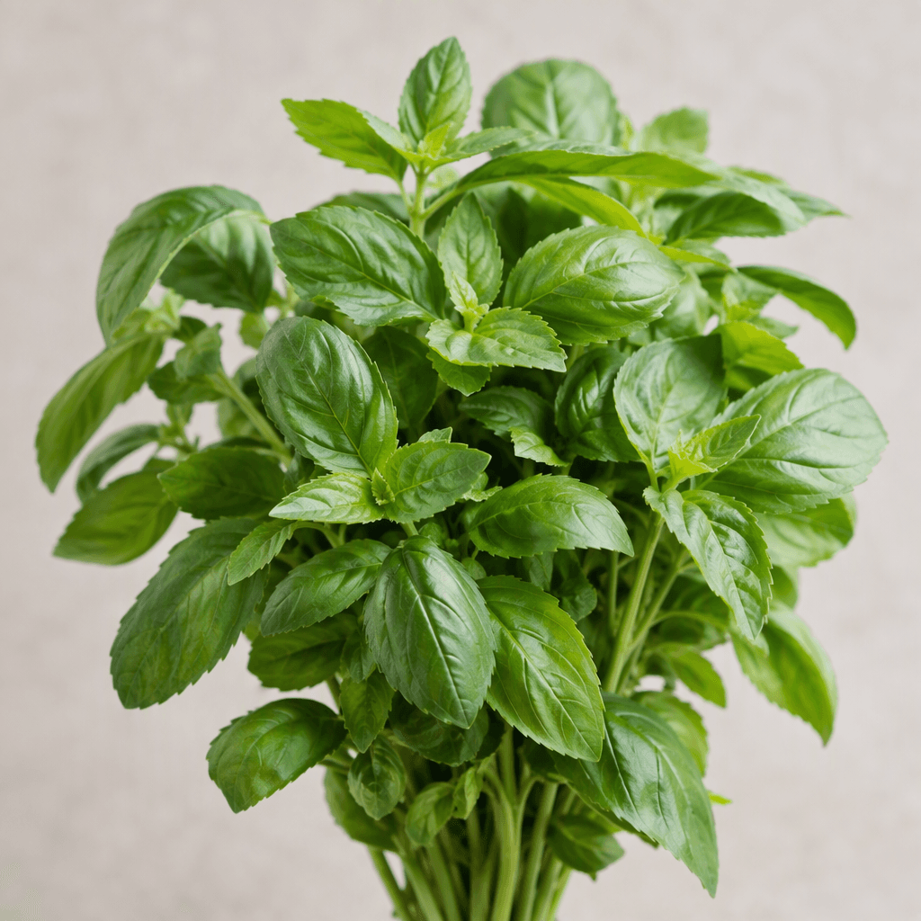 Fresh basil has small, vivid green, oval leaves with gently serrated edges and thin green stems, arranged in a loose leafy bunch.
