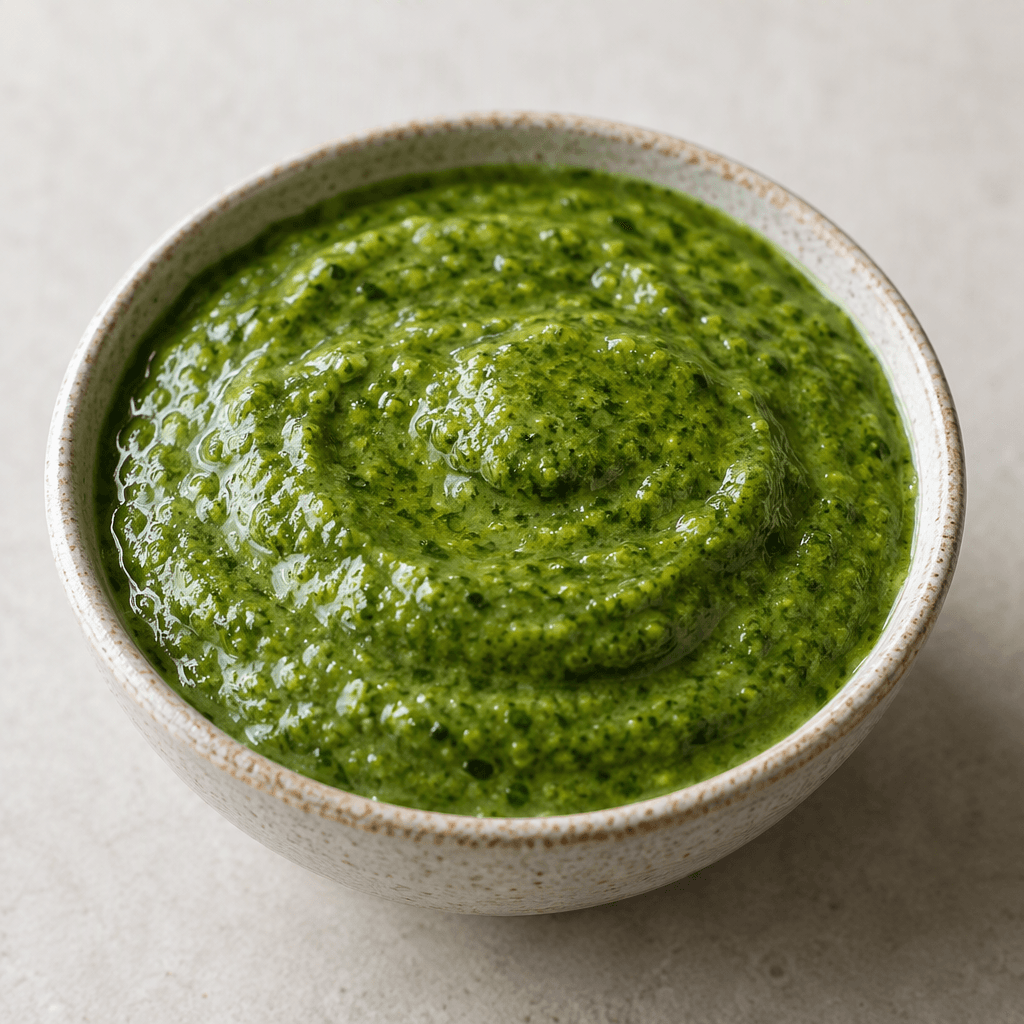 İnce çekilmiş yaprak parçacıkları içeren, koyu yeşil ve parlak görünümlü, pürüzsüz yüzeyli yoğun sos küçük bir kâseye konmuştur.