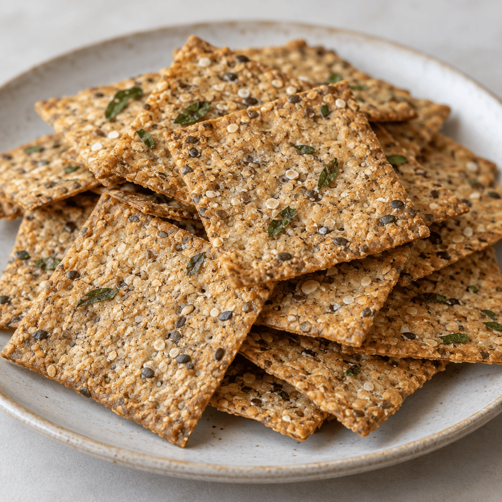 Thin, crisp, golden-brown grain crackers with a coarse, lightly speckled surface and small green basil flecks are stacked loosely on a plate.