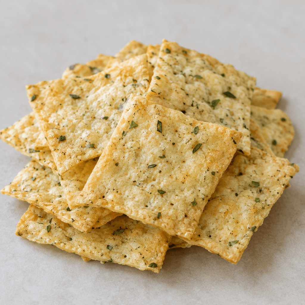 Thin, crisp, pale golden crackers with scattered green basil flecks, arranged in a small pile.