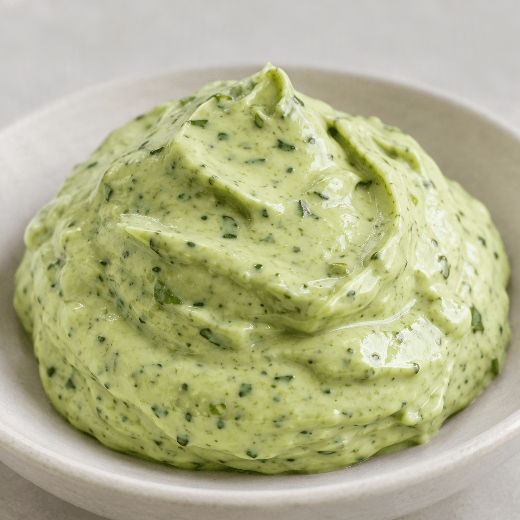 Thick, smooth, glossy pale-green mayonnaise with fine darker-green basil flecks, spooned into a soft mound.