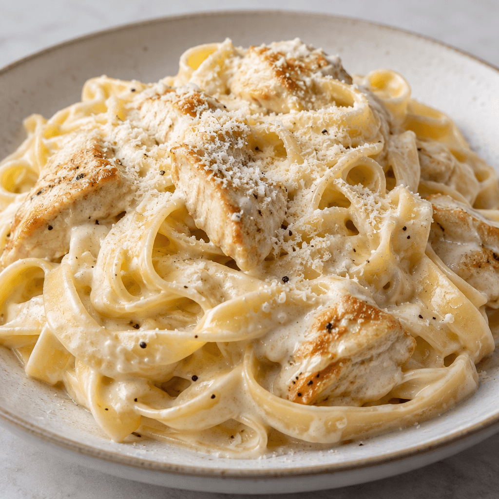 A mound of broad, flat pasta is coated in thick, glossy ivory-white sauce, with pale golden-brown chicken pieces nestled among the ribbons and a light dusting of finely grated cheese on top, served on a plate.
