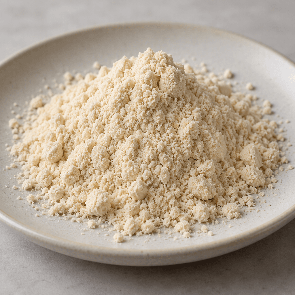 A small heap of pale beige, finely ground powder with a soft, slightly clumpy texture sits on a plain dish.