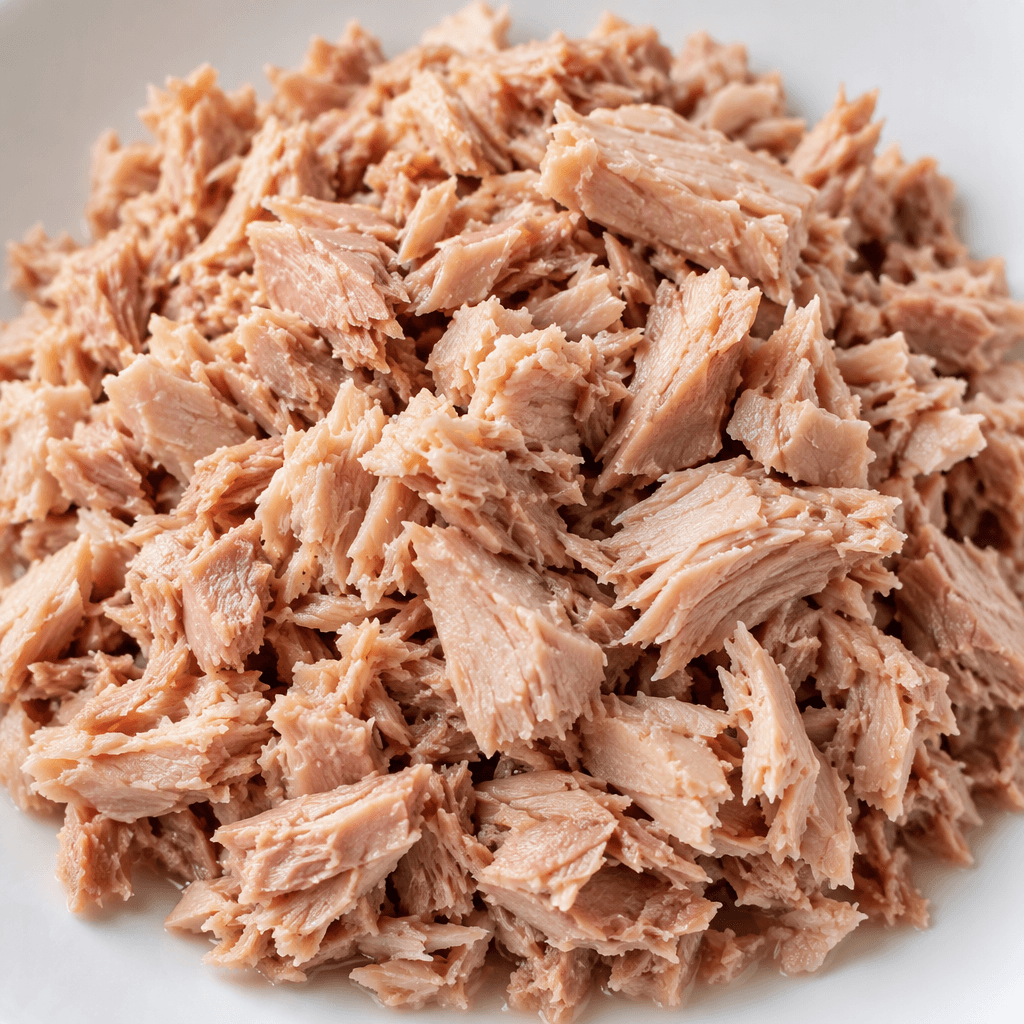 Süzülmüş ton balığı, açık pembe, bej ve açık kahverengi tonlarında nemli, düzensiz pullar ve küçük parçalar hâlinde, çevresinde sıvı görünmeden sunuluyor.