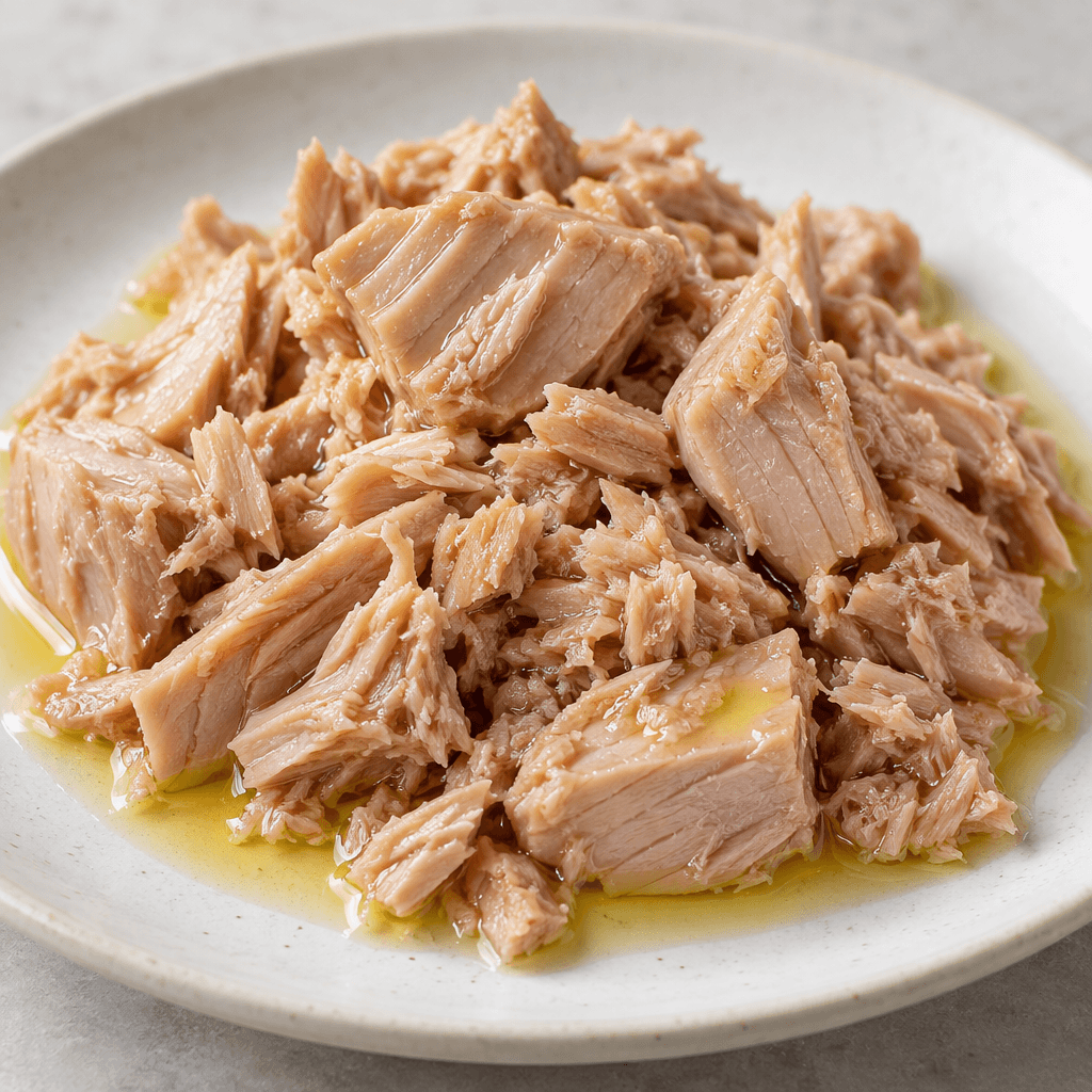 Pale pink-beige tuna flakes and small chunky pieces glisten with golden olive oil, loosely piled on a plate.