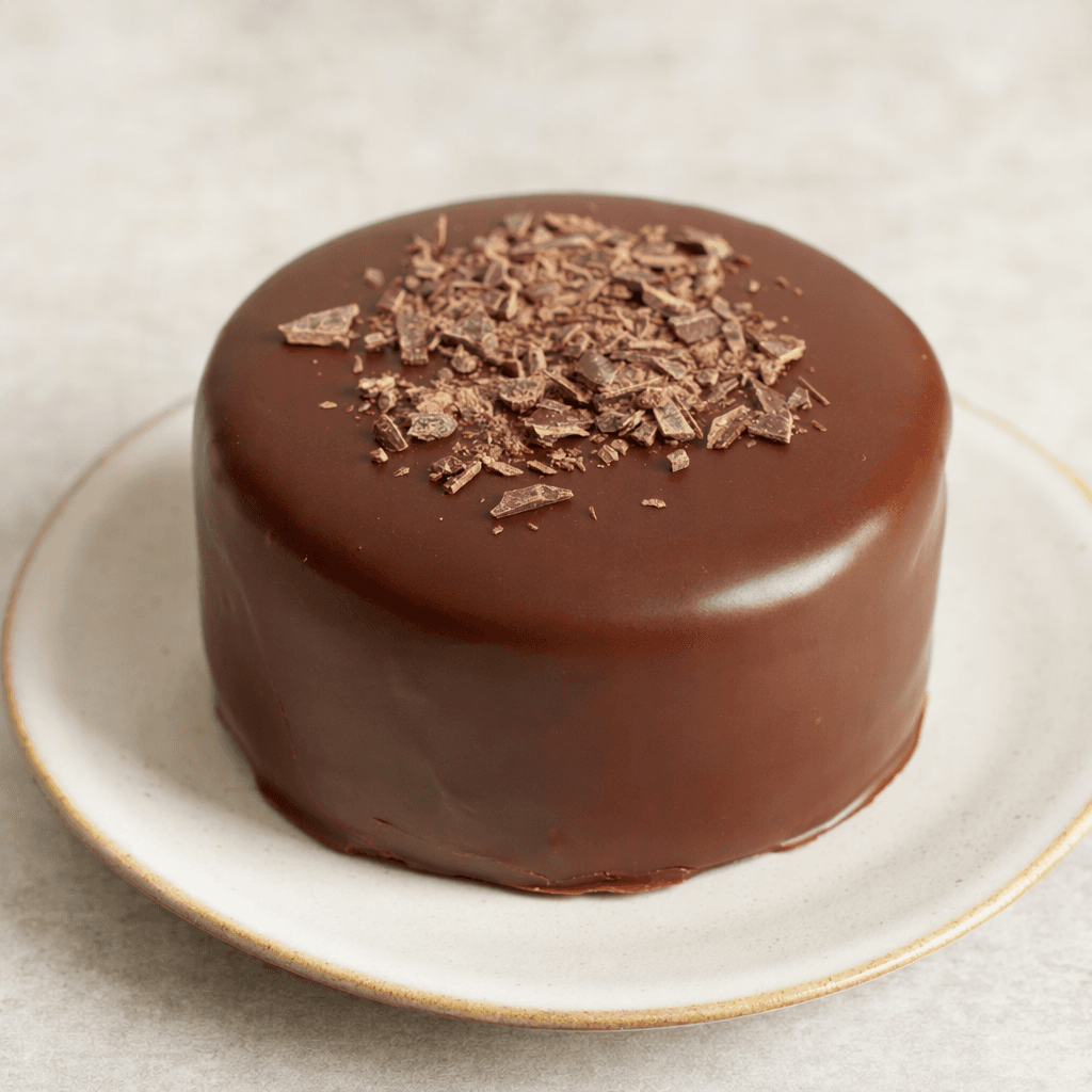 A small cake with a smooth, dark-brown chocolate coating and a softly rounded shape.