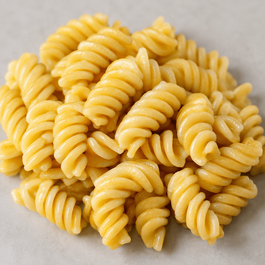 Short, plump pasta pieces with a tight spiral twist, pale golden-yellow and lightly glossy, piled together with their ridged curves clearly visible.