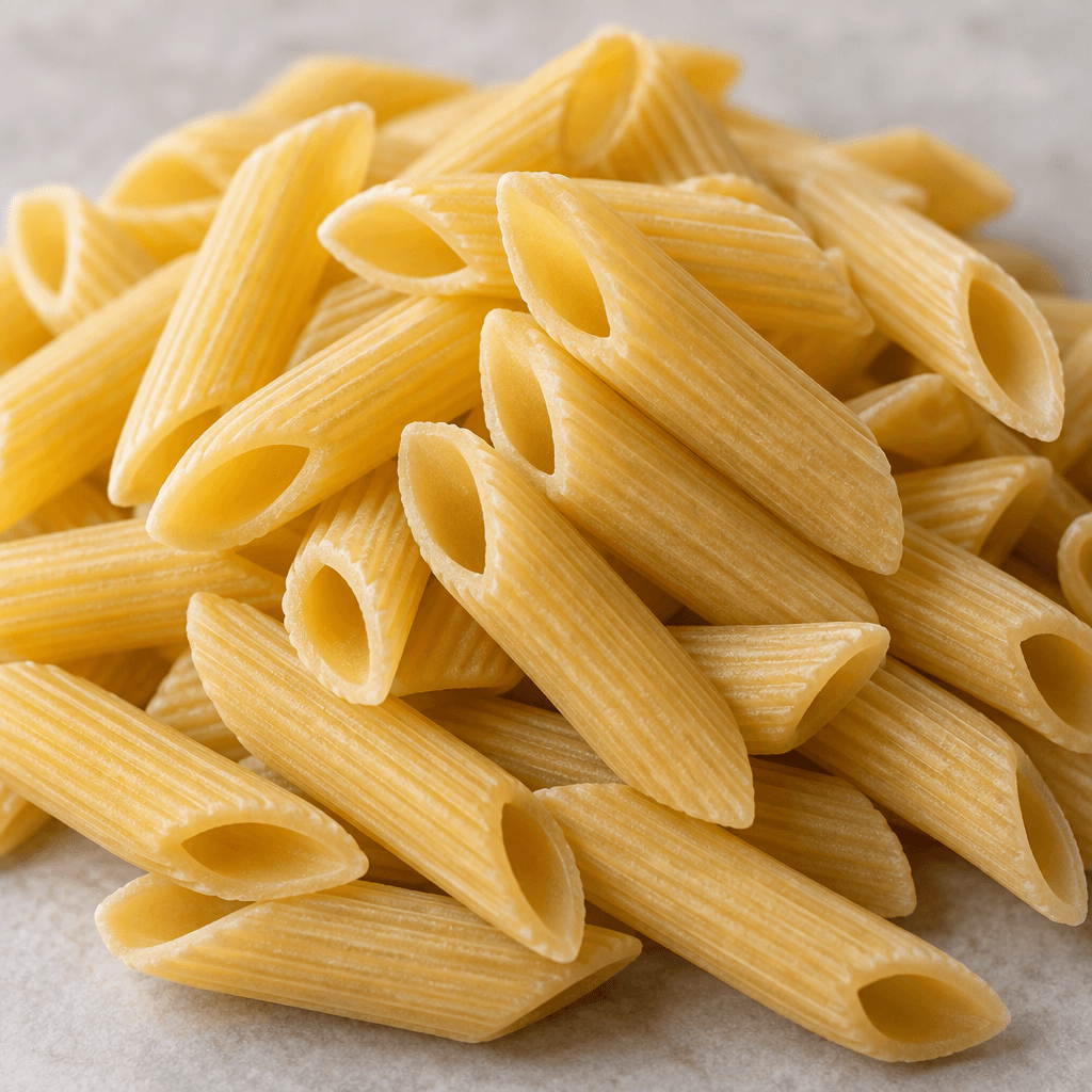 Short, pale golden-yellow pasta tubes with ridged sides and diagonally cut ends are scattered in a loose pile.