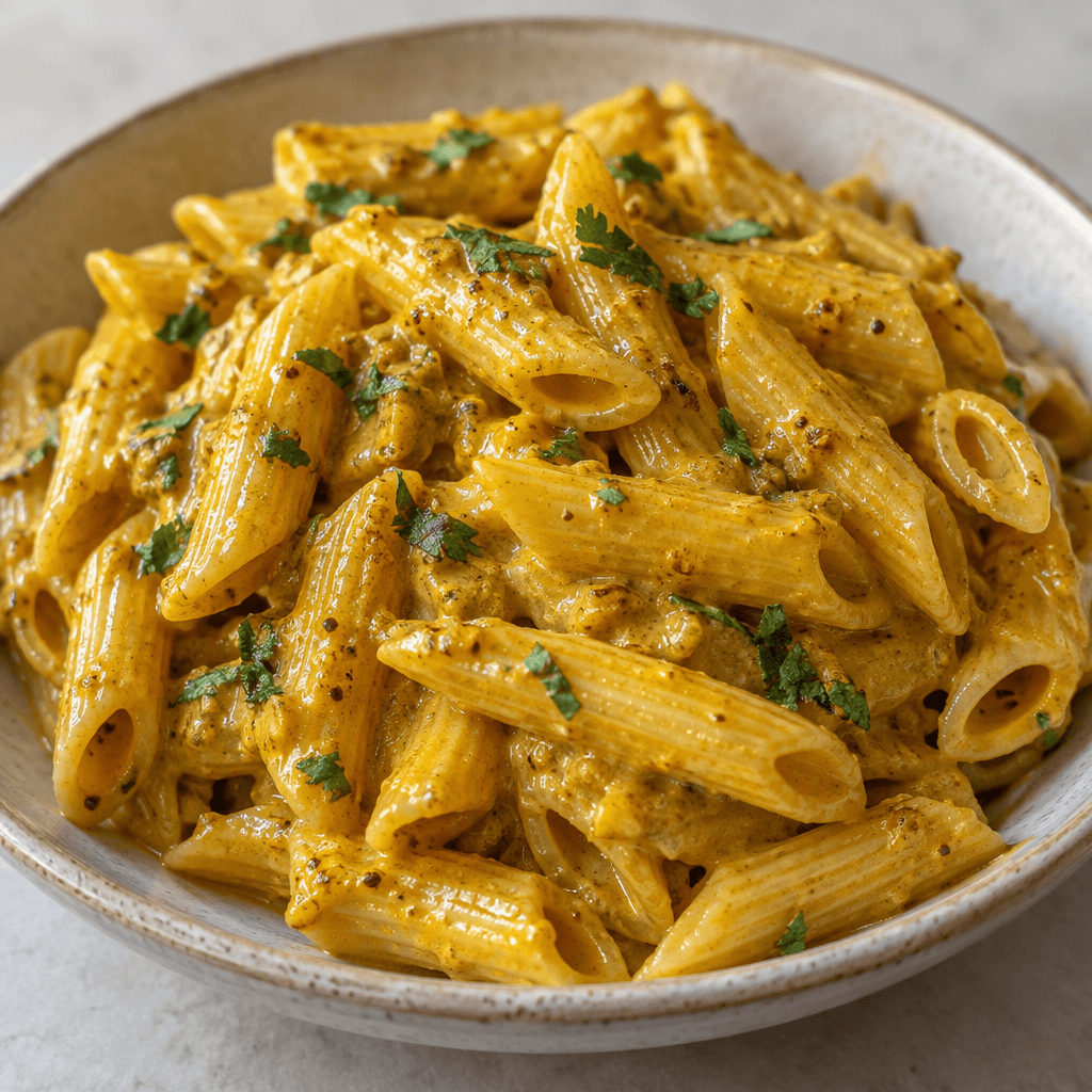 Short ridged penne tubes are coated in a glossy golden-yellow curry sauce, with tiny spice flecks visible, and are served in a shallow dish.