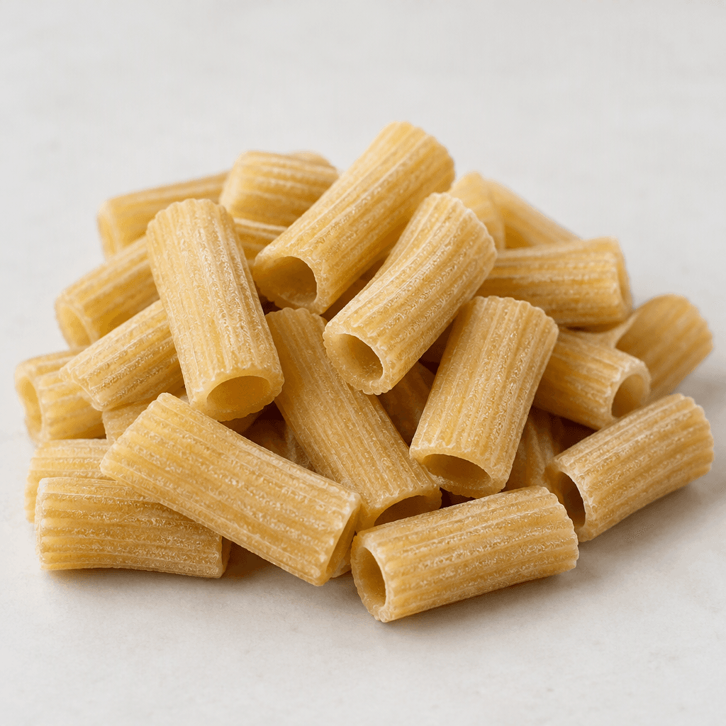 A small pile of dry, uncooked protein pasta in short, firm pieces, pale golden-beige with a matte, slightly rough surface.