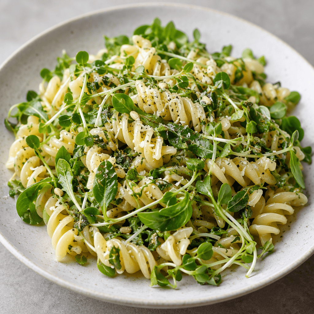 Short pasta is mixed with slender green sprouts and small leafy pieces, with the pale pasta and fresh greens visible together on a plate.