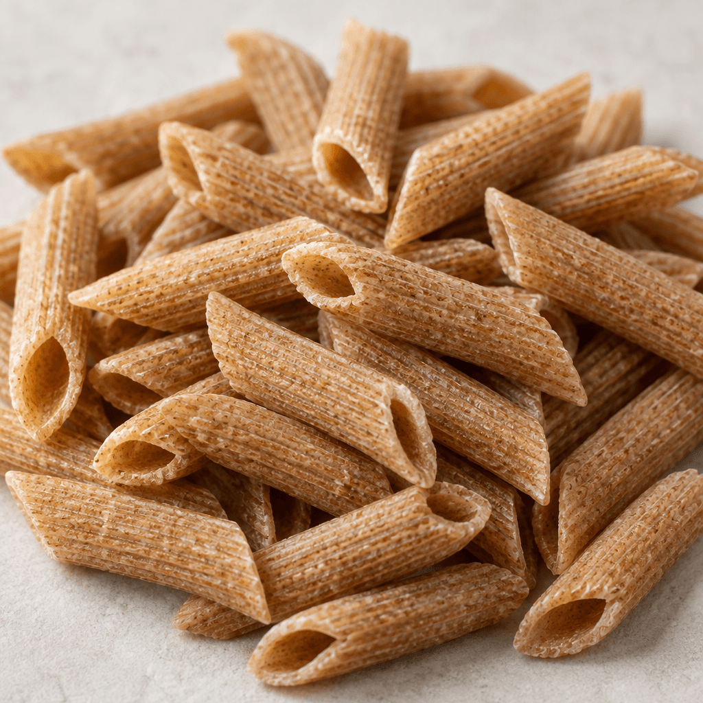 Dry wholegrain pasta pieces with a warm tan-brown colour and a slightly rough, grainy surface, loosely scattered in a small pile.