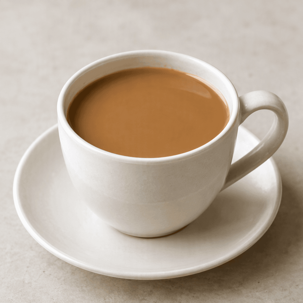 A cup of smooth, warm medium-brown filter coffee, lightly lightened with milk and showing no foam or visible solids.