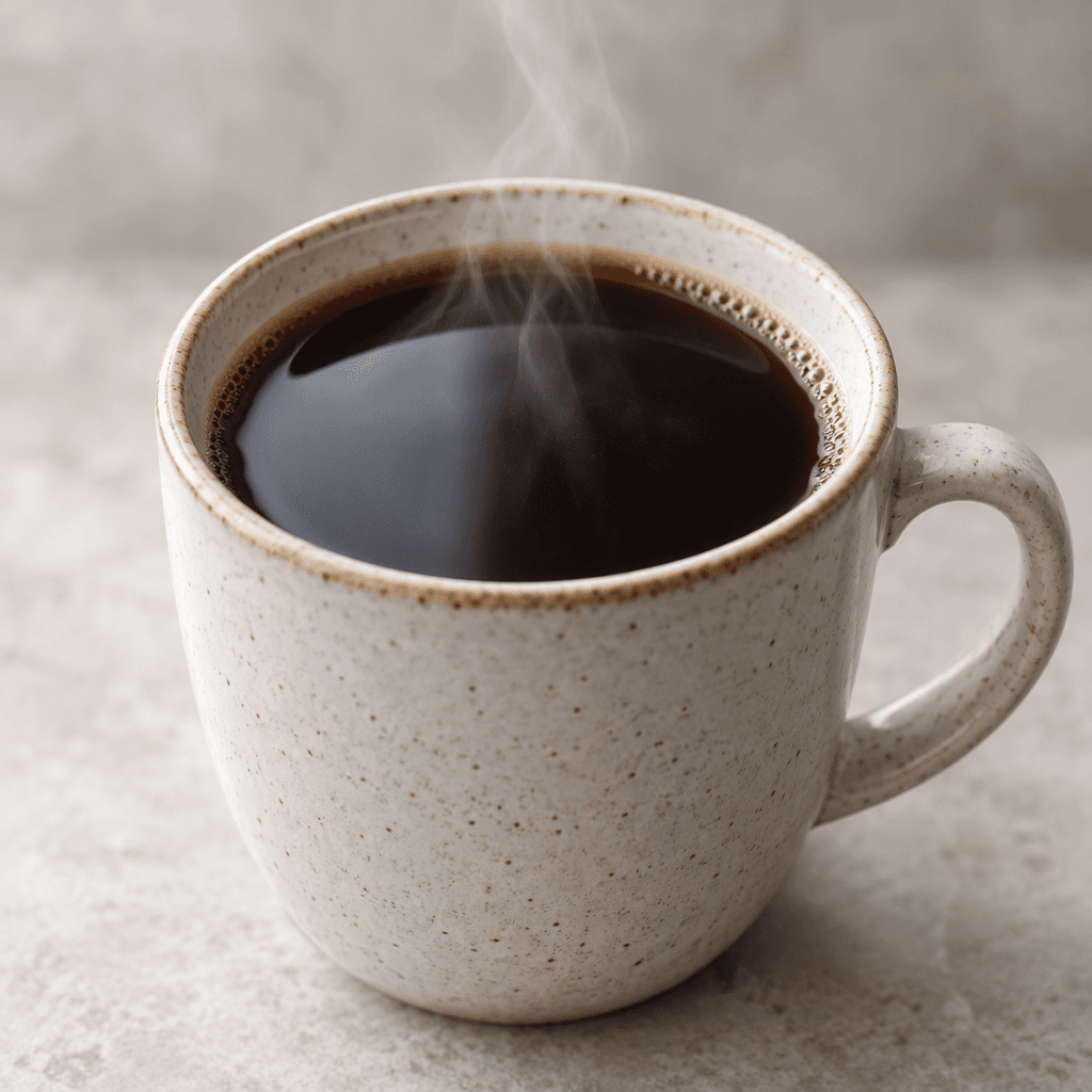 A dark brown, clear drip coffee sits in a cup, with a smooth surface and a faint wisp of steam.
