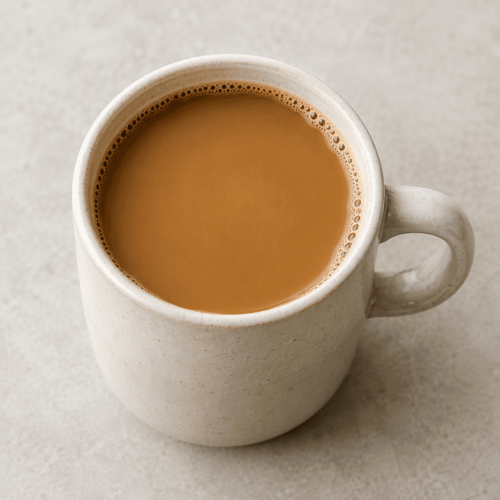 A cup of filter coffee mixed with oat milk, appearing warm caramel-brown with a smooth, lightly creamy surface, served in a simple mug.