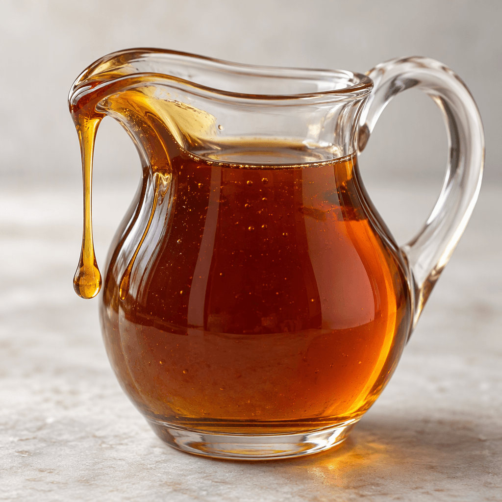 A glossy, translucent amber-brown syrup with a thick, smooth consistency sits in a small clear glass pitcher, with a ribbon of syrup trailing from its spout.
