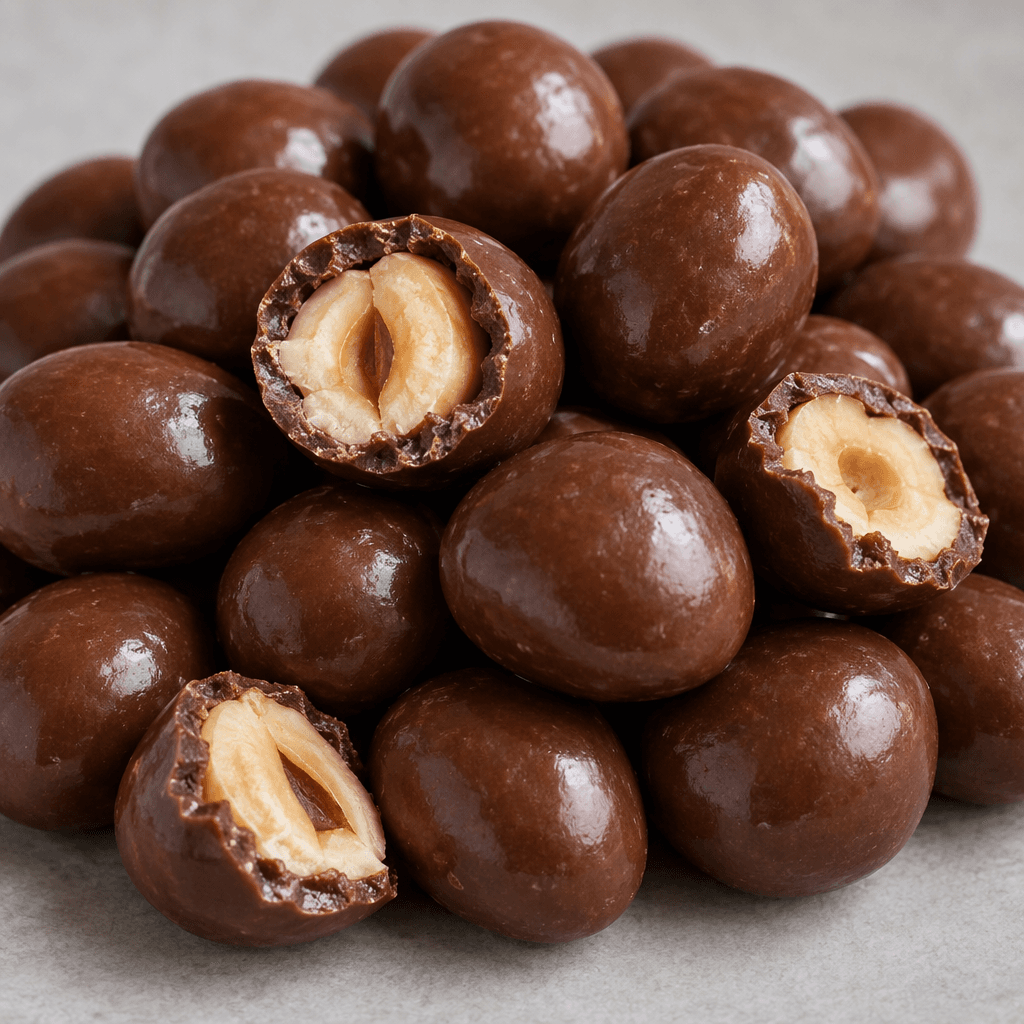 Small, rounded oval hazelnuts are covered in a smooth, glossy chocolate-brown coating, with a few broken open to show the pale tan nuts inside.