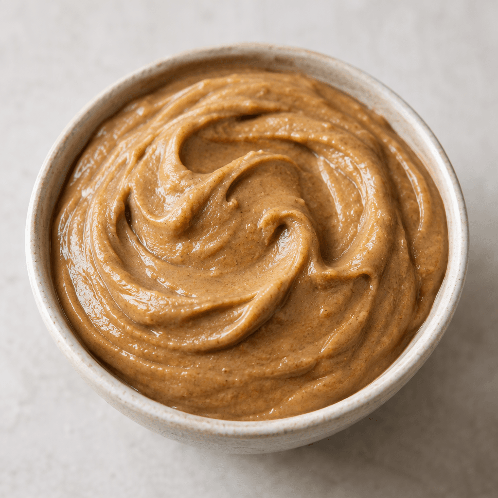 A thick, smooth, glossy beige-brown paste with a dense spreadable texture, shaped into soft swirls in a small bowl.
