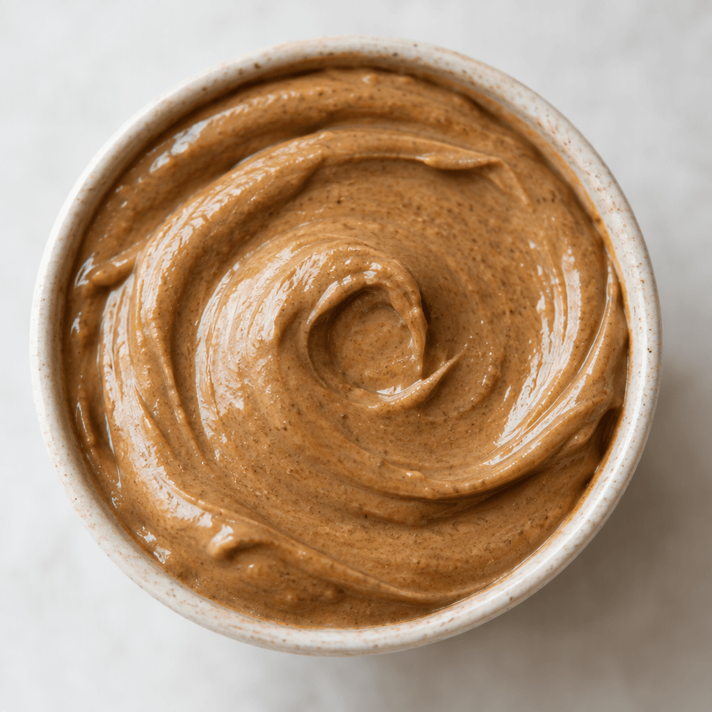 Thick, smooth hazelnut butter forms a soft swirl, its warm light-brown surface showing a slight sheen.