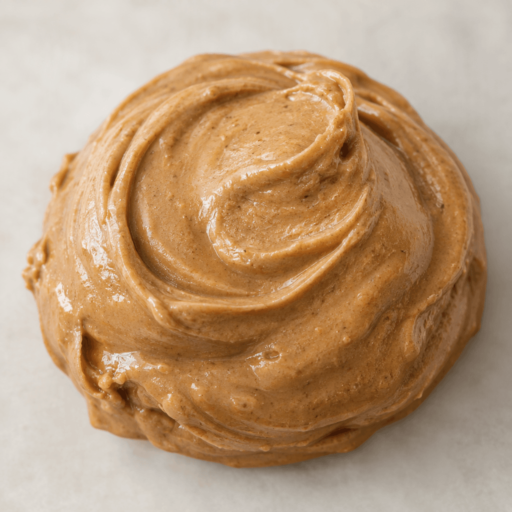 Thick, smooth, light caramel-brown hazelnut paste sits in a soft mound with gentle swirls across its glossy surface.