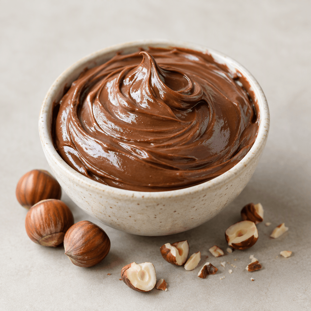 A glossy, thick chocolate-brown spread with a smooth, creamy texture, served in a small open bowl with a few whole hazelnuts and scattered hazelnut pieces beside it.