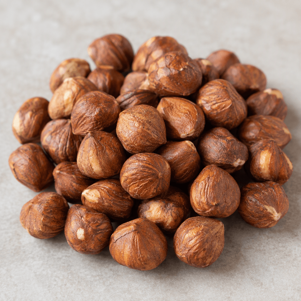 Whole roasted hazelnuts with warm medium-brown skins, irregular rounded shapes, lightly wrinkled surfaces, and a dry, crisp-looking texture, arranged loosely on a neutral surface with no added salt visible.