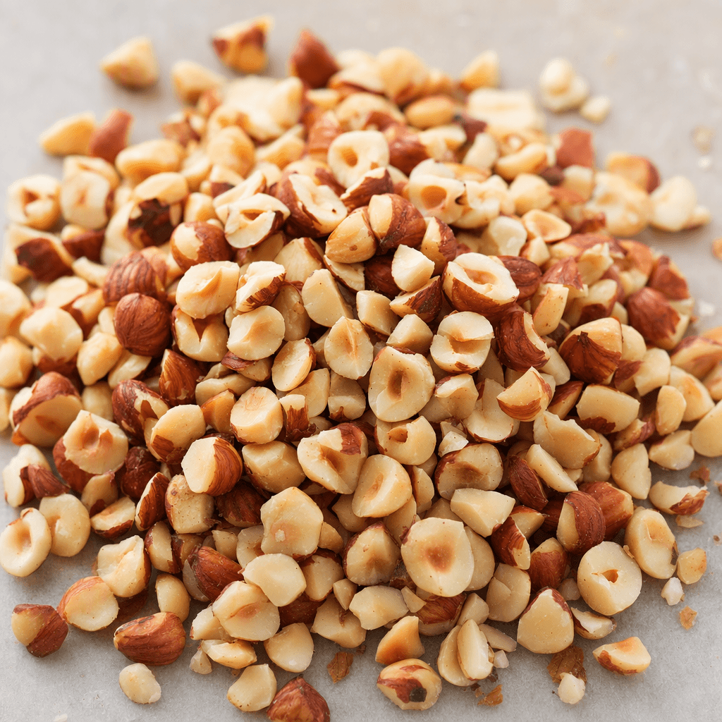 Small, irregular pieces of hazelnut with warm tan and brown skins and pale cream interiors, scattered in a loose pile.