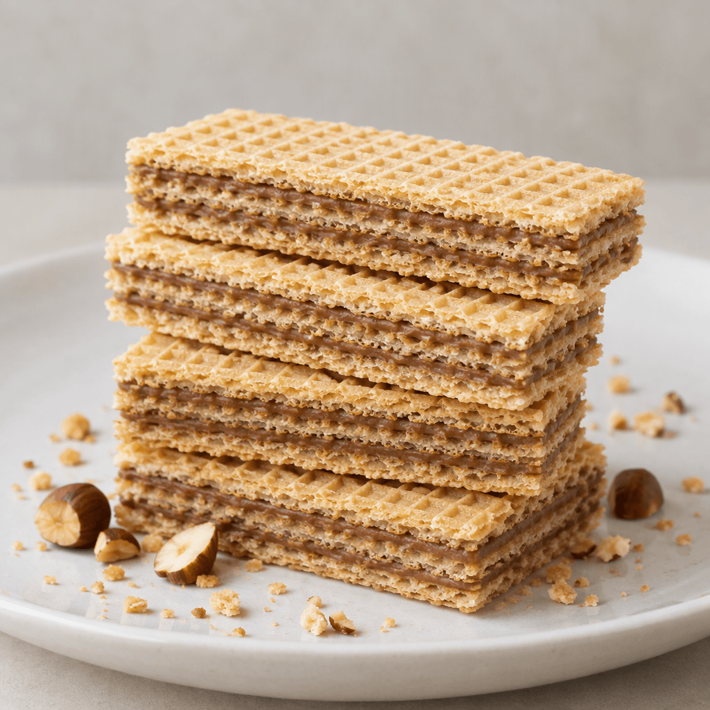 Rectangular, golden-beige wafer biscuits are stacked in thin crisp layers with visible square ridges and pale brown hazelnut cream between each layer, with a few hazelnut crumbs scattered around them on a plain plate.