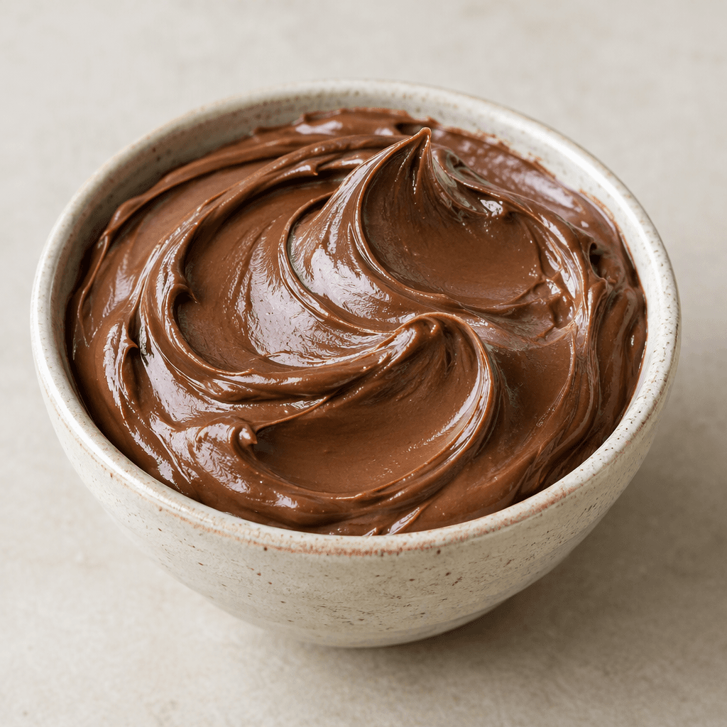 A thick, smooth, glossy chocolate-brown hazelnut spread sits in a small bowl, with soft swirls and rounded peaks visible on its surface.