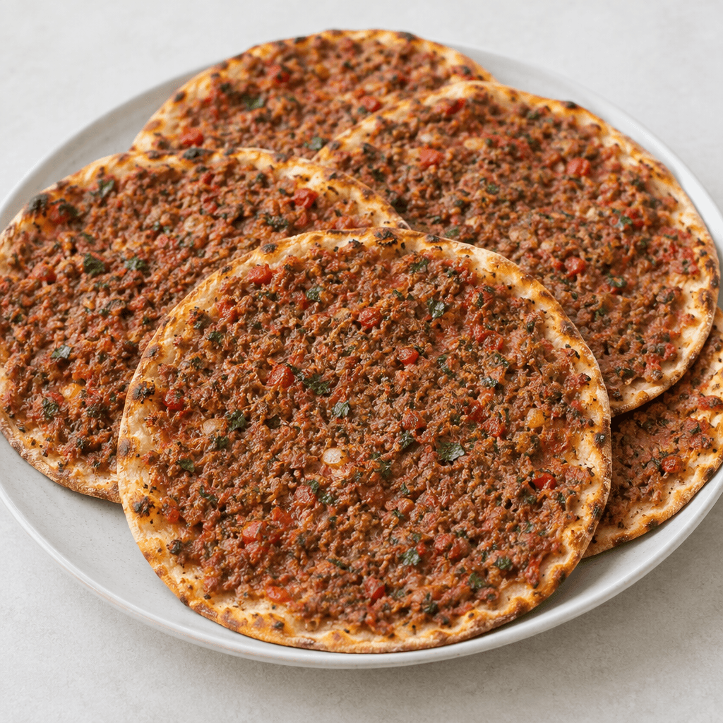 İnce ve küçük yuvarlak lahmacunların üzeri kırmızı biber, domates ve yeşil ot parçacıkları görülen ince kıyılmış kırmızımsı kahverengi harçla tamamen kaplıdır; kenarları hafifçe kızarmış ve gevrek görünümlü bu lahmacunlar bir tabakta üst üste dizilmiştir.