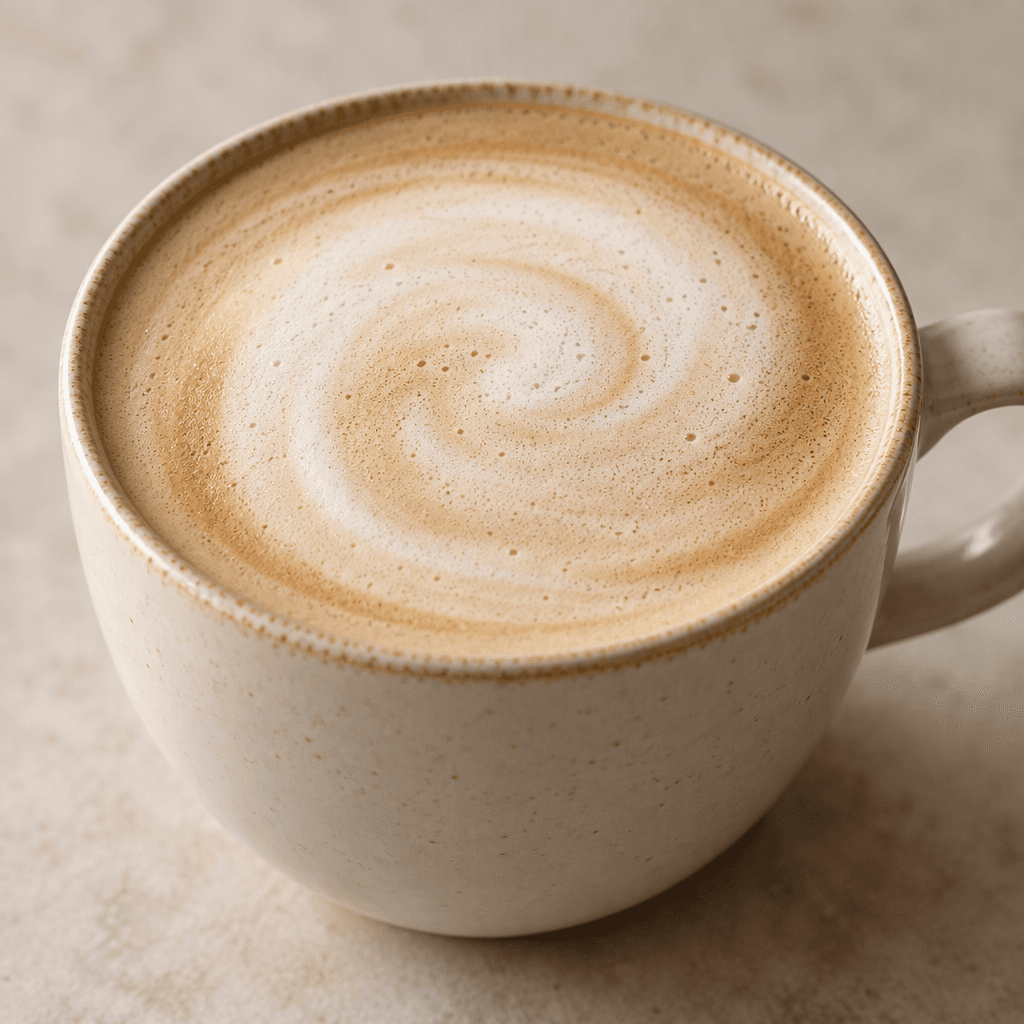 Fincanı dolduran fındık sütlü latte, sıcak bej tonunda; pürüzsüz ve kremamsı yüzeyinin üzerinde ince bir köpük tabakası var.