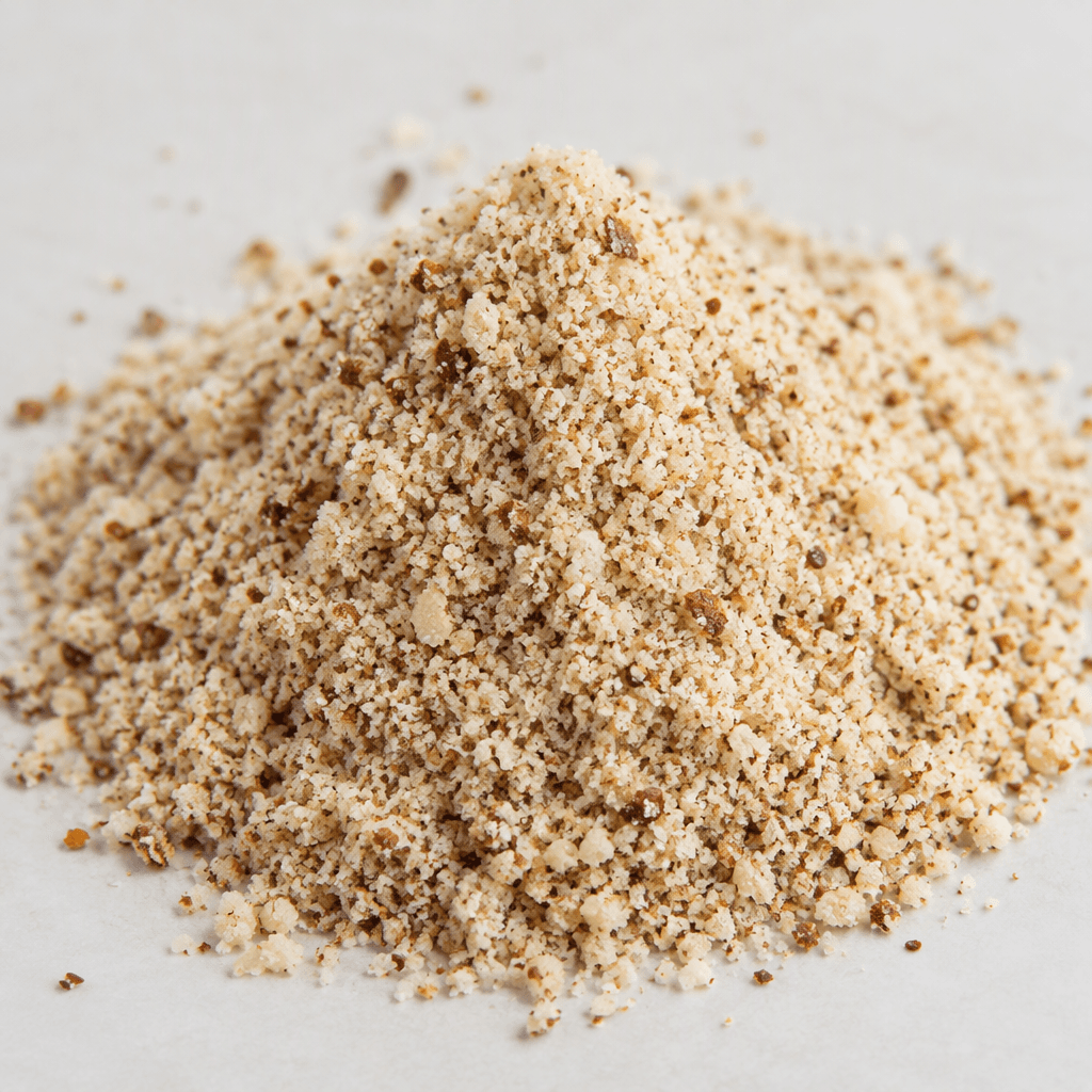 A loose mound of finely ground hazelnuts appears as a pale beige to light tan powder with a fine, sandy texture and scattered darker brown flecks of hazelnut skin.