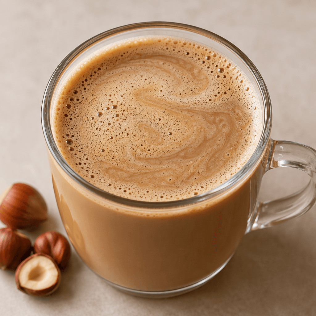 A cup of light caramel-brown coffee with a smooth, creamy surface and a thin layer of fine bubbles.