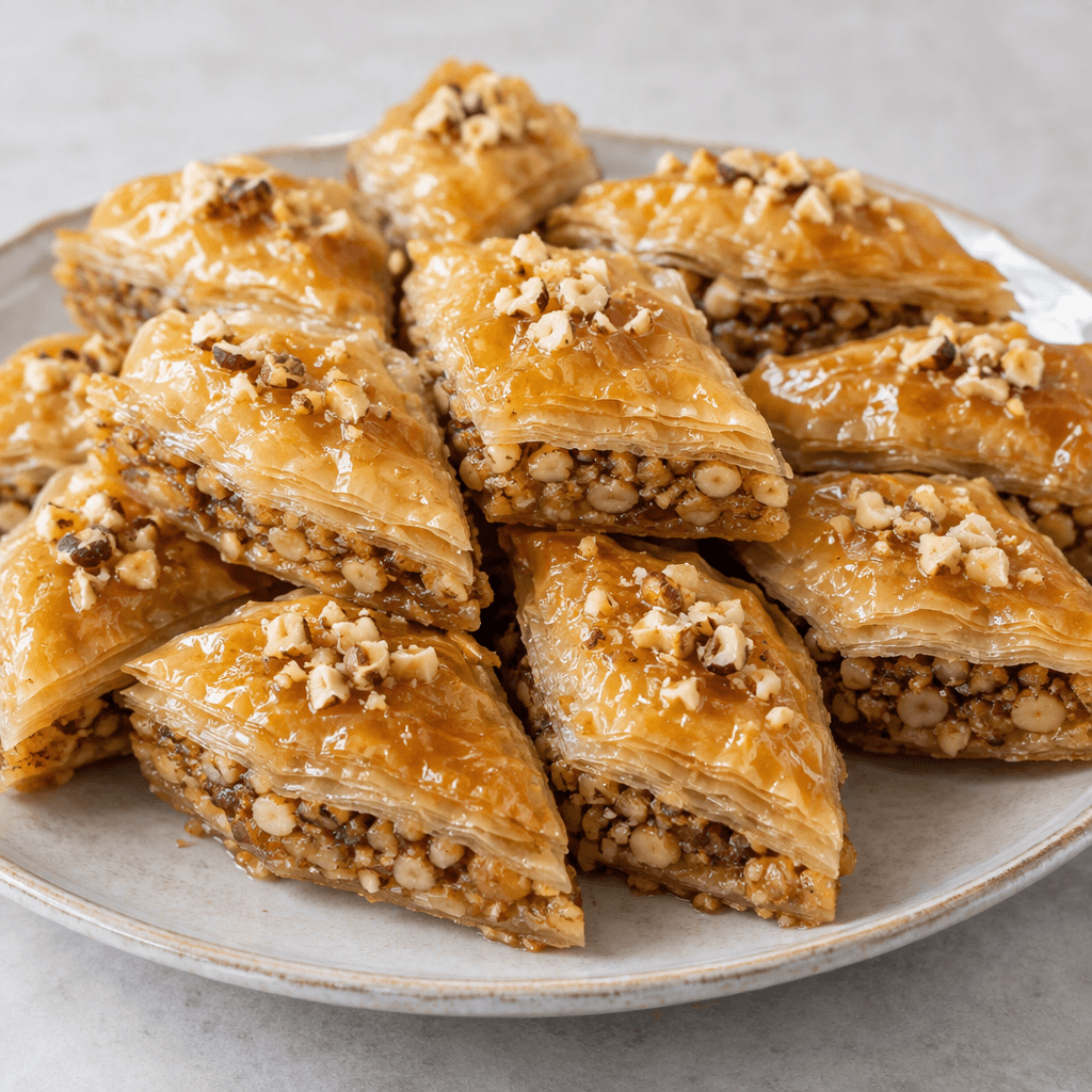 Diamond-shaped pieces of thin, crisp golden pastry are layered with visible chopped hazelnuts, glistening with clear syrup and arranged closely on a serving plate.