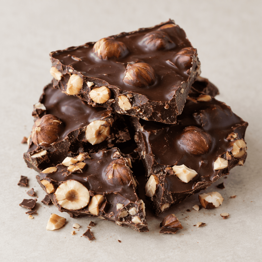 A dark brown chocolate bar broken into uneven pieces, with whole and chopped hazelnuts visibly embedded in its smooth, slightly glossy surface and scattered along the broken edges.