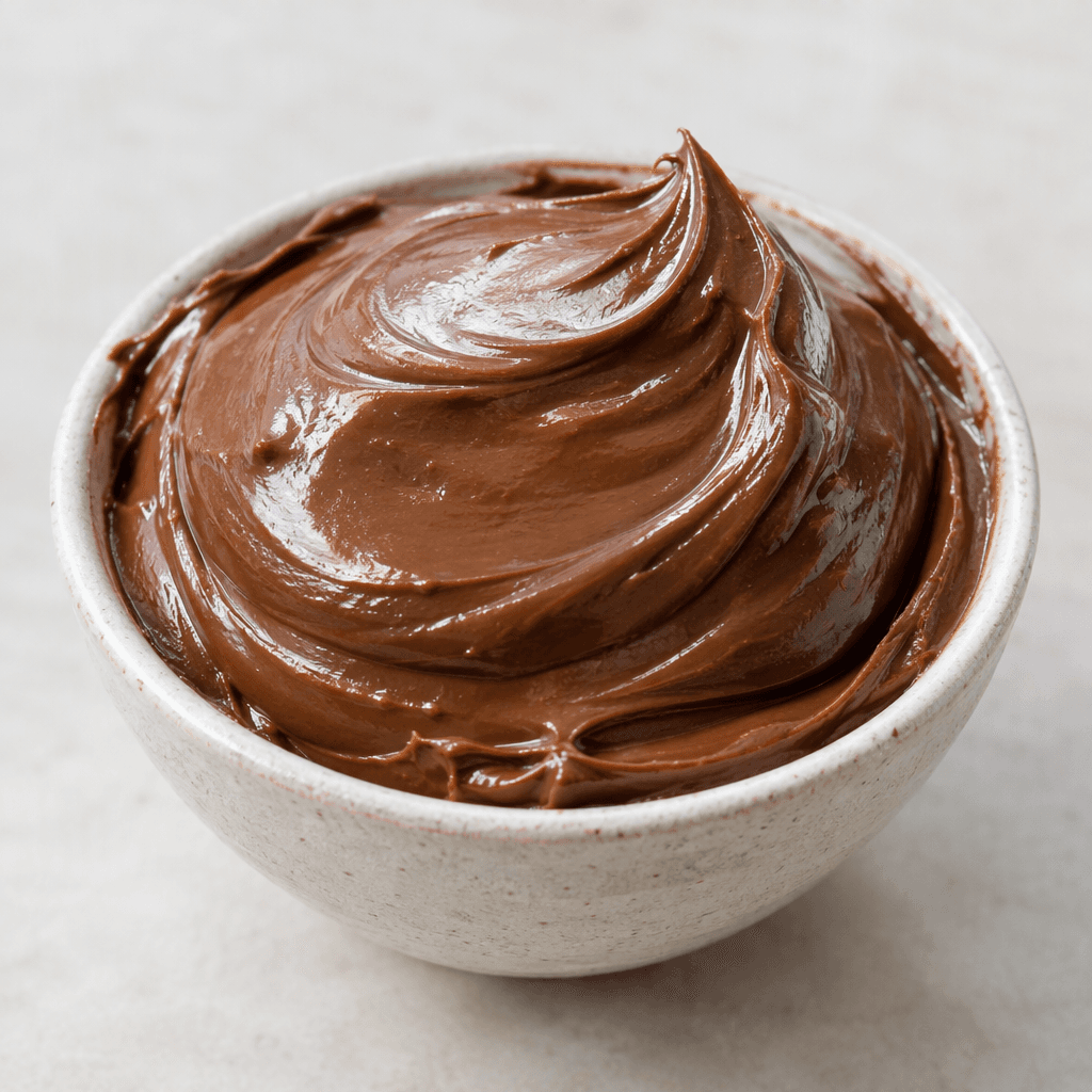 A glossy, thick chocolate-brown spread with a smooth, creamy texture, mounded in a small bowl and showing soft swirls and rounded peaks on the surface.