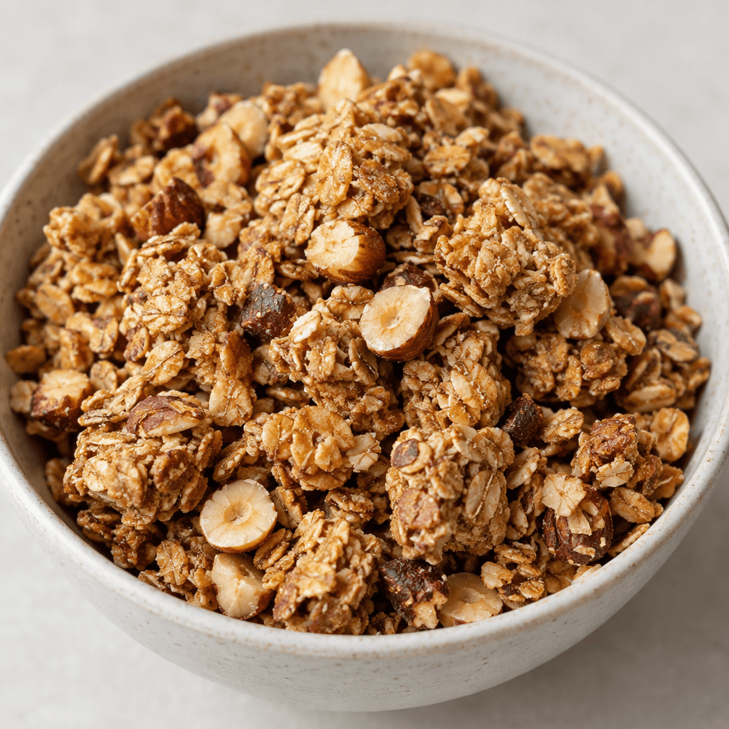 Golden-brown clusters of toasted rolled oats mixed with visible chopped hazelnuts and small darker nut pieces are piled loosely in a bowl, with a dry, craggy, uneven texture and scattered oat flakes around the edges.