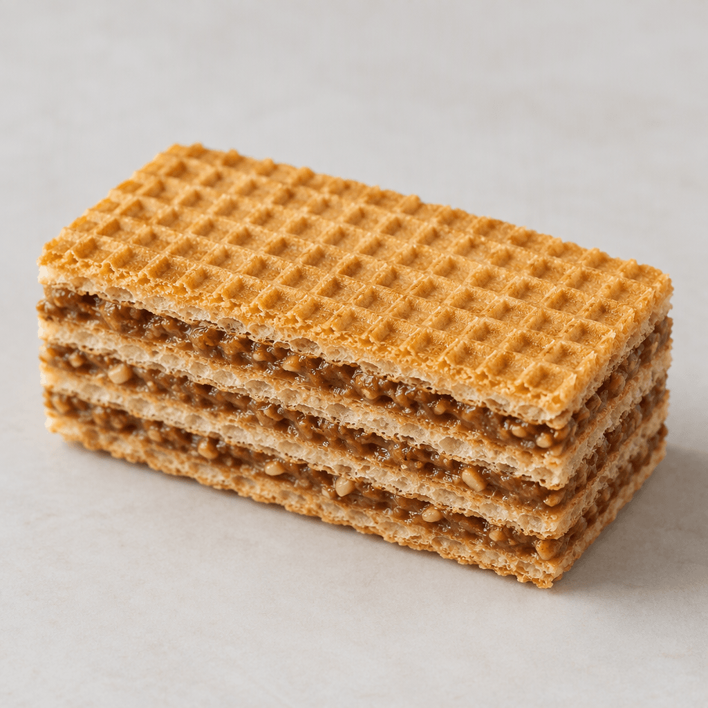 A crisp, golden-brown rectangular wafer with a fine grid pattern on top and several thin, pale layers joined by visible hazelnut filling.