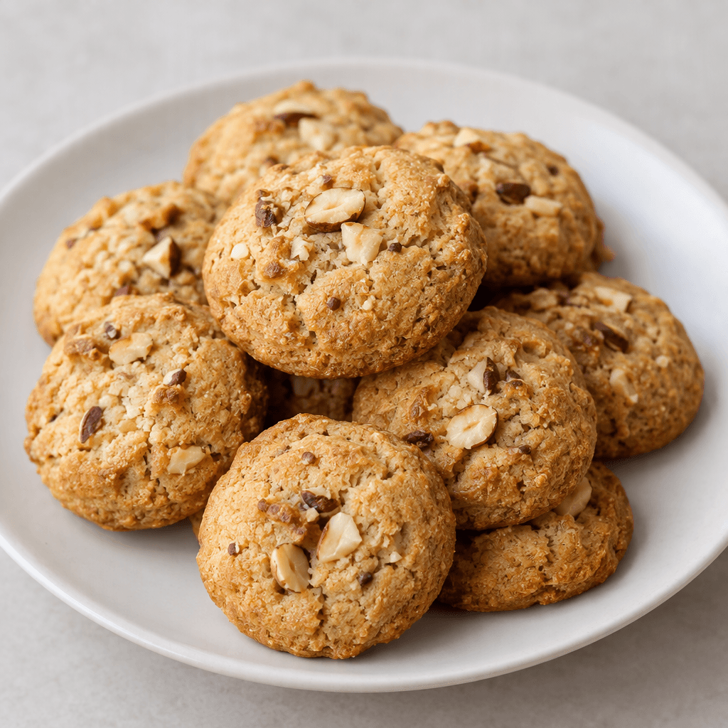 Small, round golden-brown cookies with slightly cracked, crumbly surfaces and visible chopped hazelnut pieces, arranged on a plain plate.