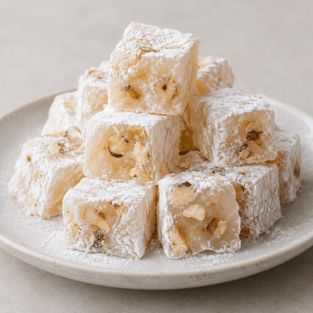 Small, soft cubes of translucent ivory lokum studded with chopped hazelnuts are arranged on a plate and lightly dusted with white powdered sugar and starch.