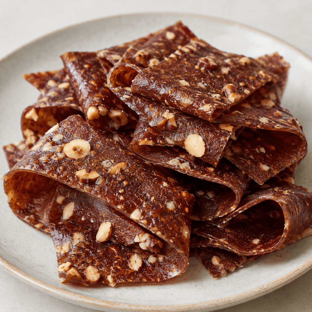Thin, pliable strips of deep reddish-brown fruit leather studded with visible chopped hazelnuts, loosely folded and layered on a serving plate.