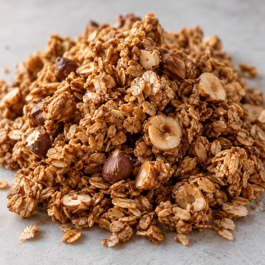 Golden-brown granola forms a loose pile of crisp oat flakes and chunky hazelnut pieces, with a few larger clusters visible.