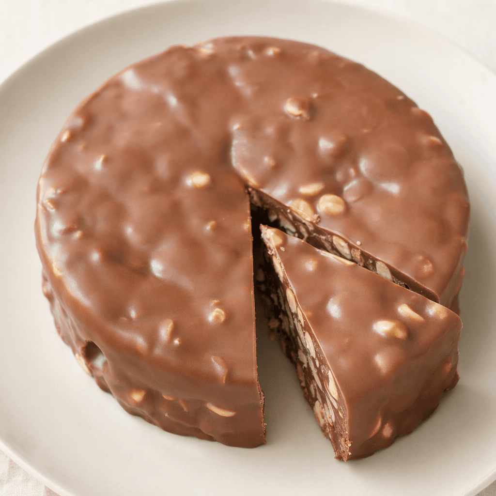 A glossy milk-chocolate confection with small, irregular hazelnut pieces visible across its surface and in the cut edges, arranged on a plate.