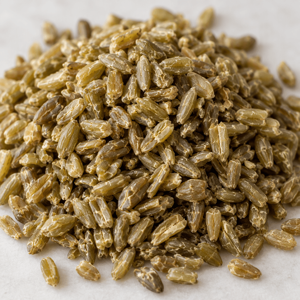 Dağınık biçimde yığılmış freekeh taneleri; uzun ve düzensiz tanelerin rengi mat zeytin yeşilinden kahverengiye uzanıyor, yüzeyleri kuru ve hafif pürüzlü, bazıları yarılmış ya da çatlamış.