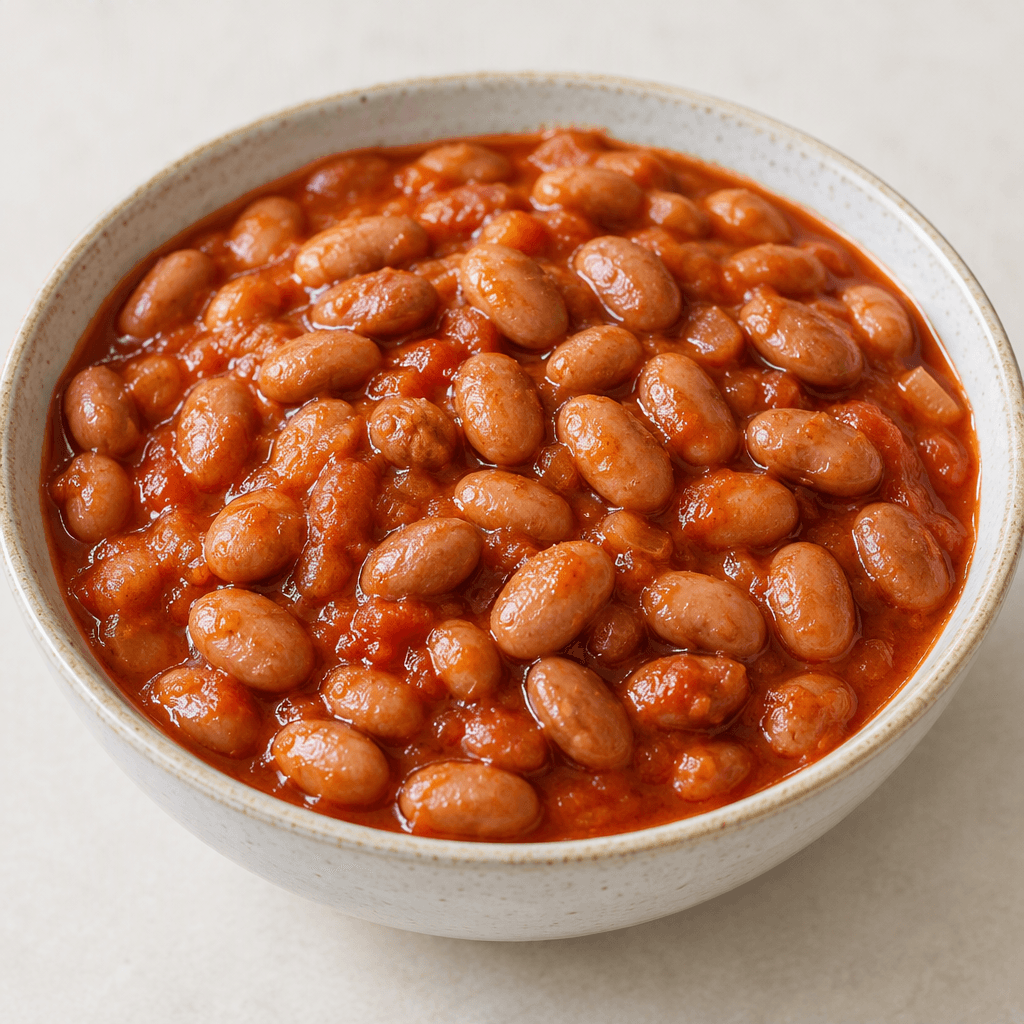 Small oval beans with pale reddish-brown skins sit in a glossy, thick red-orange tomato sauce, filling a shallow bowl.