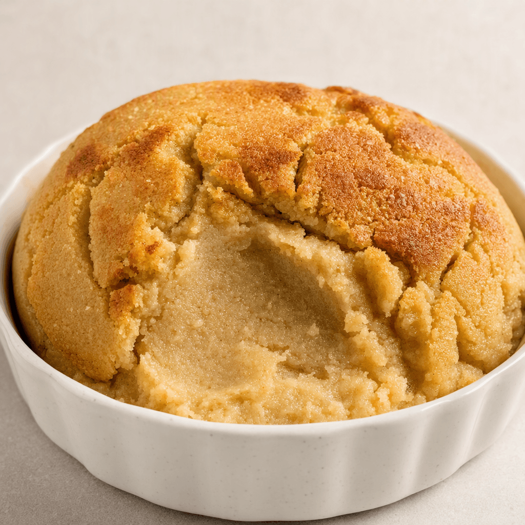 A mound of pale beige halva with a lightly cracked, golden-brown top and a soft, creamy-looking center sits in a small shallow baking dish.