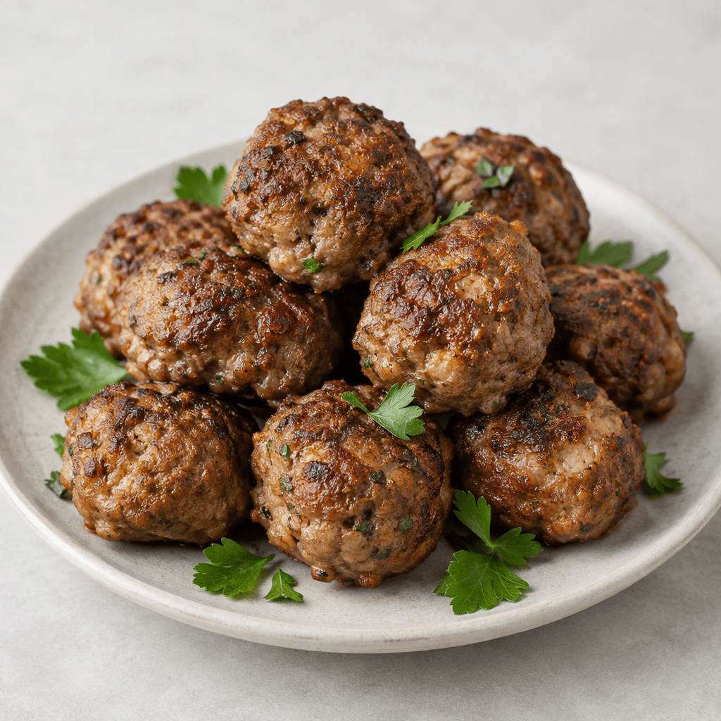 Several round, irregularly shaped meatballs with deeply browned, slightly crisp exteriors and visible coarse meat texture are arranged on a serving plate, with a few fresh green herb leaves scattered around them.