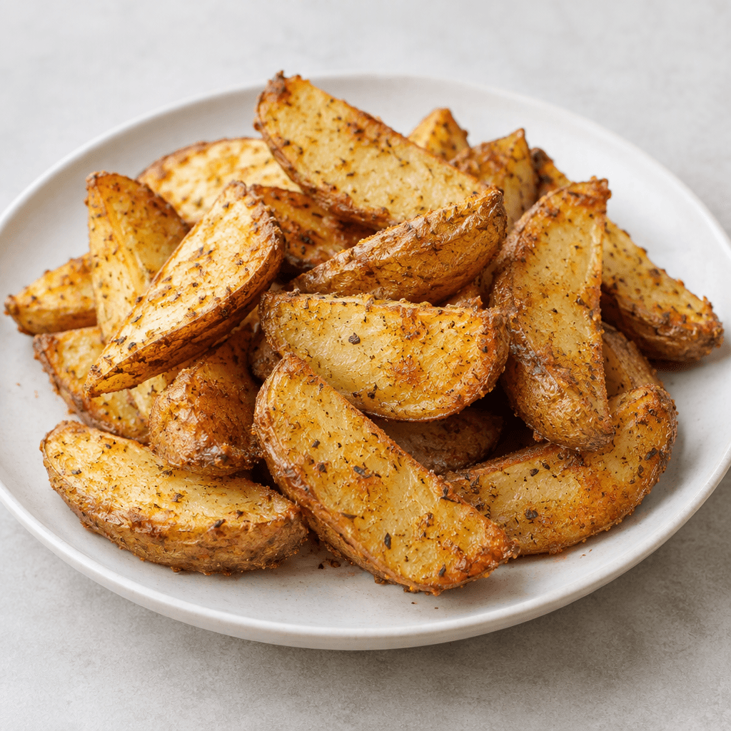 Golden-brown potato wedges with crisp, rough edges and pale yellow interiors are arranged on a plain serving plate.
