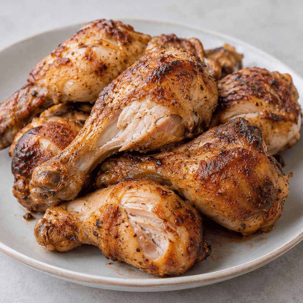 Several chicken drumsticks with golden-brown, slightly blistered skin and darker roasted edges are arranged on a plate, with tender meat visible where the skin has split near the bone.